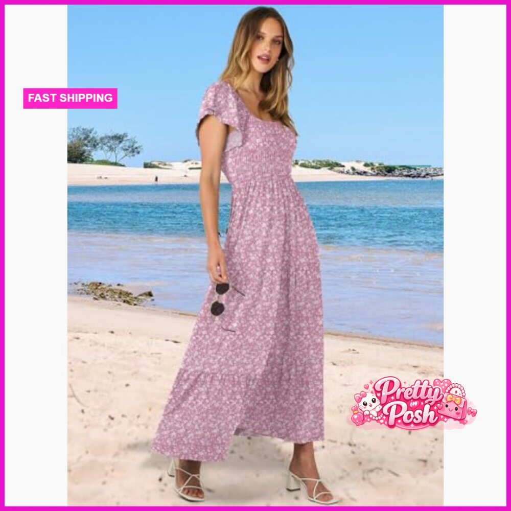 Polyester Elastane Maxi Dress Flutter Sleeve Smoc… - image 3